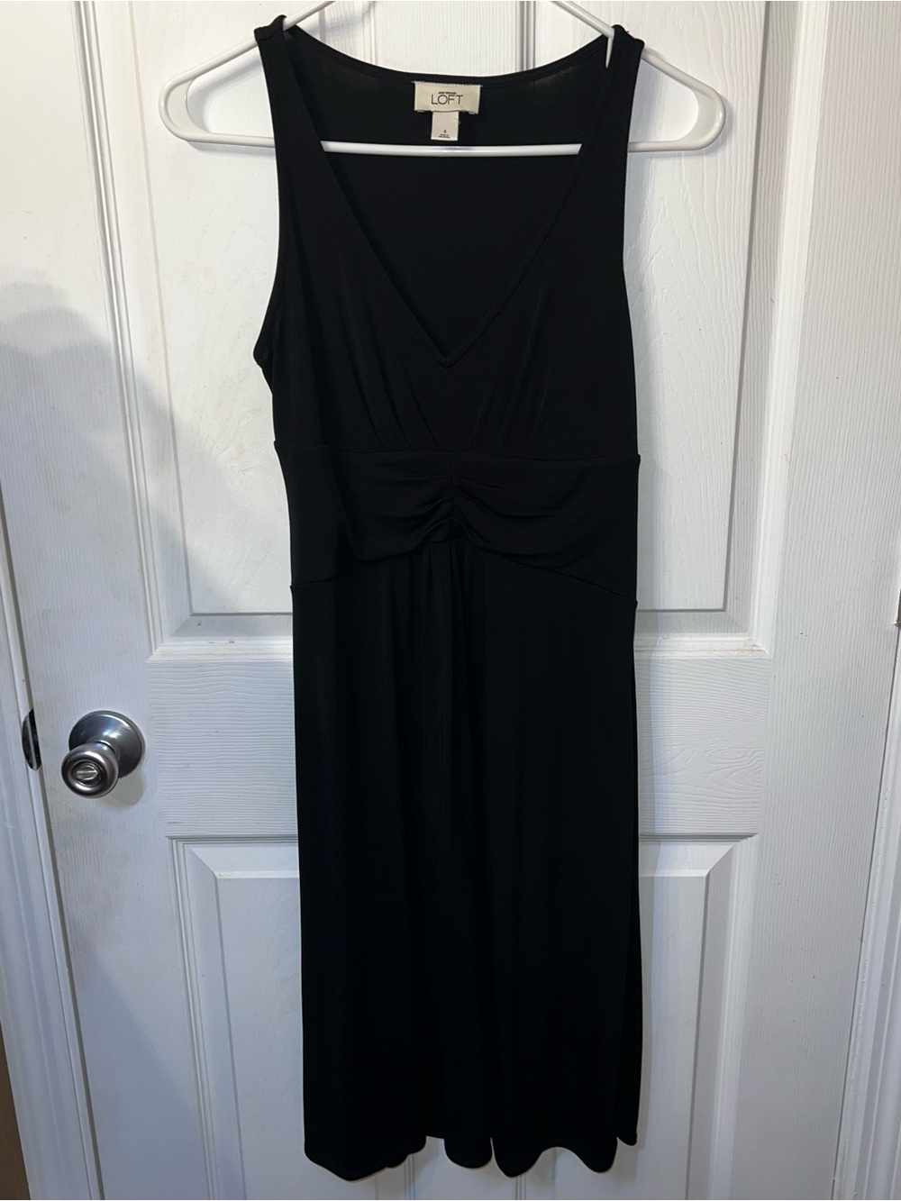 LOFT Black V-Neck Sleeveless Midi Dress with Gathered Waist Detail